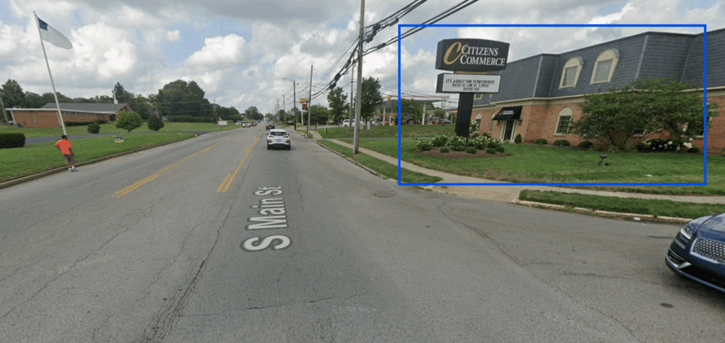 Main Street showing former bank that will be Utilities office.